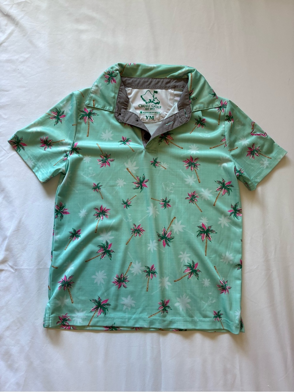 OGA - Mint Green Palm-Print Kids Polo